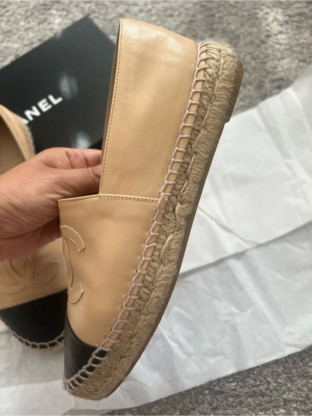 CHANEL Women's Beige and Black Leather Espadrille Flats